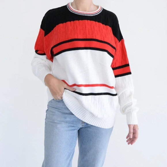 Vintage Sears Black/Red/Cream Knit  Crewneck Sweater Size 44 L - Picture 2 of 12